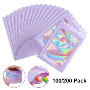 Bolsas de Mylar a prueba de olores 100/200 bolsas de papel de aluminio holográficas resellables bolsas con cremallera púrpura - Imagen 1 de 7