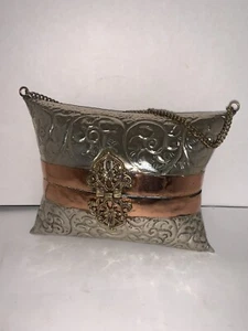 Vintage Pillow Purse Evening Bag Brass & Copper 1930s Blue Velvet Lining Cushion - Picture 1 of 9