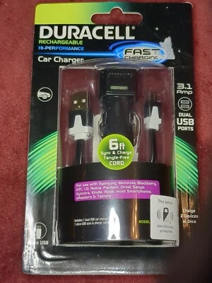 Cargador de coche Duracell - Cable de sincronización y carga de 6 pies - Puertos USB dobles de 3,1 amperios - NUEVO Foto 1 de 3