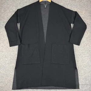 Eileen Fisher Merino Wool Long Open Cardigan Sweater Slits Black Womens Small S - Picture 1 of 9