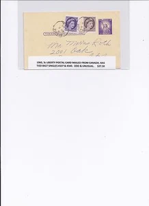1960 3c LIBERTY POSTAL CARD MAILED FROM CANADA HAS TIED BKLT SINGLE #337 & #340 - Photo 1/1