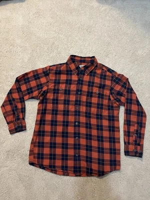 Duluth Trading Shirt Mens Medium Orange Rust Red Plaid Burlyweight Flannel Work - Image 1 of 4