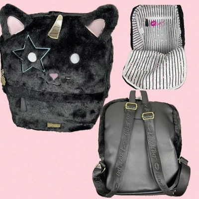 Betsey Johnson Logo Black Cat Unicorn Face Fur & Faux Leather Laptop Backpack - Image 1 of 4