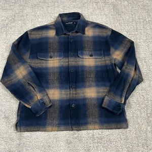 Abercrombie & Fitch Shirt Jacket Mens Large Blue Tan Plaid Flannel Pockets - Picture 1 of 9