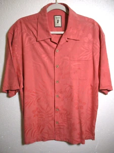 Jamaica Jaxx Jacquard Short Sleeve Button Up Silk Shirt - Coral - L/G - Pocket - Picture 1 of 9
