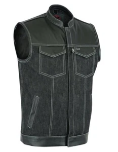 Biker Vest for Men Unique Black Denim Vest with Leather Detailing & Concealment - Picture 1 of 6