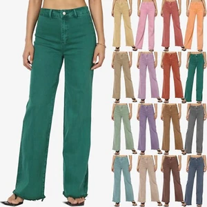 TheMogan Women's Acid Wash High Rise Cut Off Hem Stretch Denim Wide Leg Pants - Picture 1 of 104