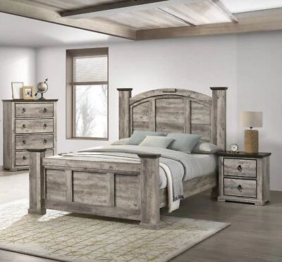 Rustic Gray Poster Queen Size 3pc Bed Set Storage Chest Nightstand Furniture - Image 1 of 4