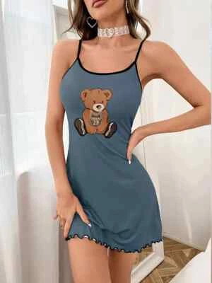 Camisón sin cordones de poliéster estampado de oso para mujer M cuello redondo, ribete con volantes elástico ¡NUEVO! Foto 1 de 4