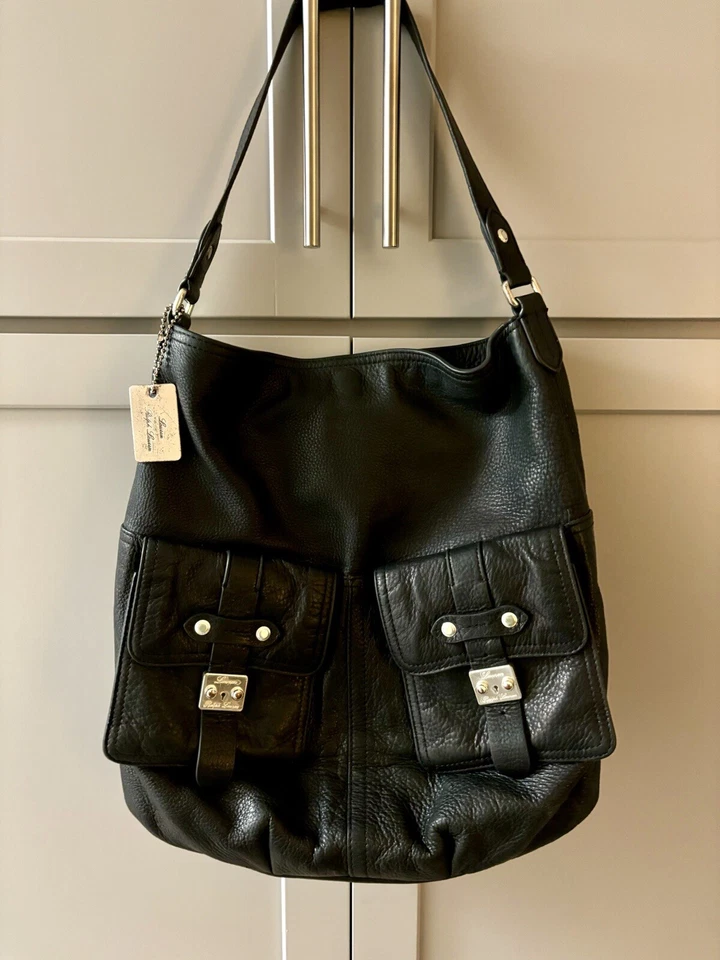 Ralph Lauren Negro Guijarro Cuero Suave Mensajero Cartera Bolso Bolsillo Exterior Foto 1 de 4