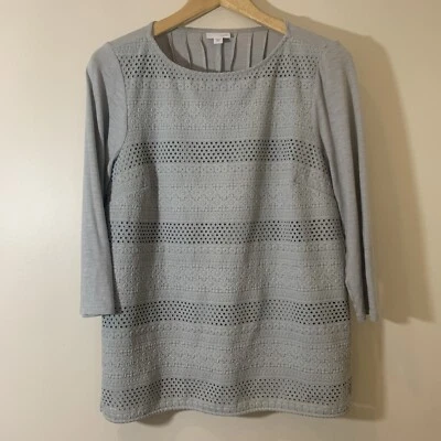 J Jill Top Womens Medium Gray Eyelet Embroidered Back Pleat Lined Coastal Boho - Image 1 of 4