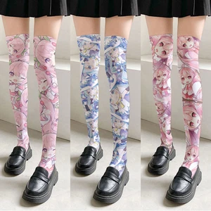 Japanese Anime Stocking Cartoon Rabbit Print Pink White Over-the-knee Socks ↷ - Picture 1 of 10