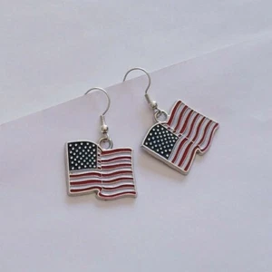American Flag Earrings, USA Flag Dangle Earrings, Flag Hook Earrings, Patriotic - Picture 1 of 3