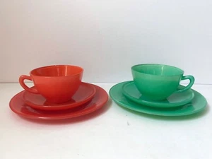 Choice 1 Set VTG Cup Saucer Salad Plate Fired On Glass 3 Pc Green or Orange - Imagen 1 de 12