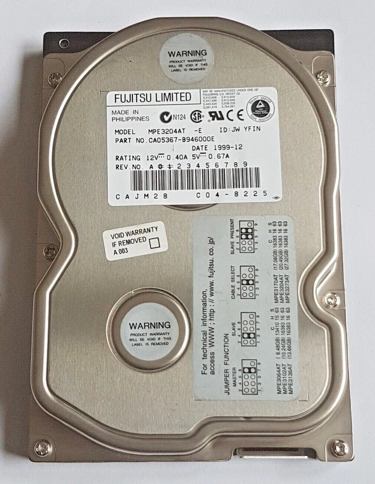 20.4 GB Ide Fujitsu MPE3204AT -E P-Ata 5400rpm HDD 512KB 3.5 " Internal Hard - Image 1 of 1
