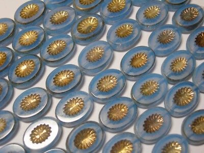 8 14x11mm Blue Opal with Gold Czech Glass Starburst Oval Kiwi Beads - Image 1 of 3