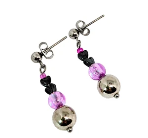 Hypoallergenic Hot Pink Silver and Black Hematite Dangle Stud Post Earrings - Picture 1 of 3