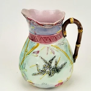Antique English Lear Majolica Japanese Aesthetic Flying Crane Bamboo Jug 1881 - Picture 1 of 16