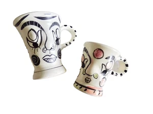 tAY FUNKY FACE MUGS ARTISAN ART POTTERY CUPS SM MED SIGNED OOAK VINTAGE neocurio - Picture 1 of 10