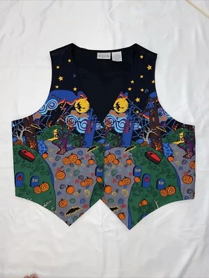Basic Editions 90's Halloween themed vest with Witches Pumpkins Cat & Bats sz 1X - Image 1 of 4
