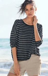 Garnet Hill 100% Organic Linen Boat Neck Oversized Knit Top S Black White Stripe - Picture 1 of 11