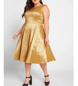 ModCloth Fantastic Satin Dress Fit & Flare Gold Sleeveless Retro New Size 14 - Picture 1 of 12