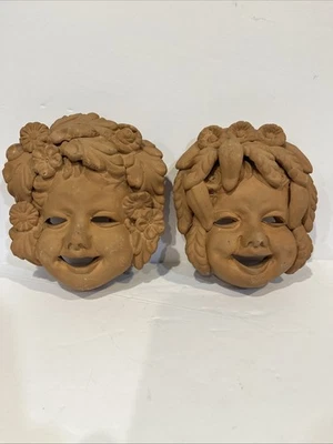 2 Máscaras de Terracota Baco Cerámica Italiana Jardín Temporadas Arcilla Italia De Colección Foto 1 de 4