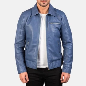Men's Blue Motorcycle Style Leather Jacket Real Leather Cafe Racer Biker Jacket - Picture 1 of 4