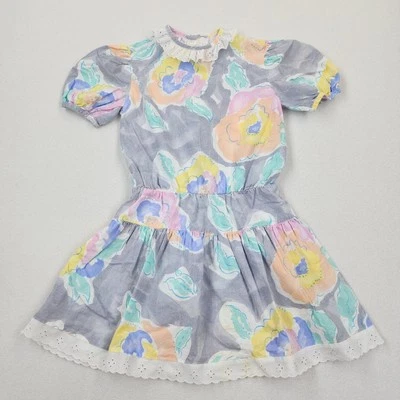 Vestido De Colección Años 80 HAROLD WOHL Pastel Encaje Recortado Retro Geométrico Cintura Caída Talla 3T Foto 1 de 4