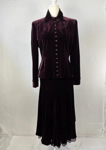 Ralph Lauren Women’s Sz 6 Jacket & Skirt Wine Velvet Silk Gem Stone button Lux - Picture 1 of 24
