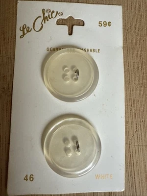Vintage Le Chic TranWhite Round Buttons 2 Pieces Original Card 4-hole 7/8" 22mm - Image 1 of 4