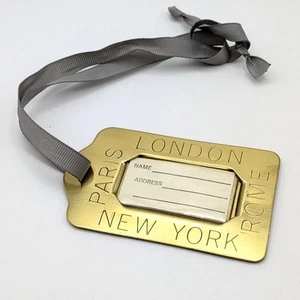 Etiqueta de equipaje de viaje de latón vintage con inserto Nueva York Londres París Roma - Imagen 1 de 5