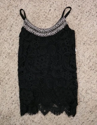 Vanity Black Lace Tank Top Beaded Neckline Size M - Image 1 of 4