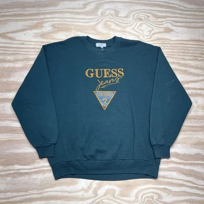 Vintage 90S Guess Jeans Essentials Embroidered Dark Green Sweatshirt Sz Large - Image 1 of 4