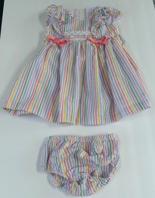 Bonnie Baby Girls’ 2-Piece Seersucker Smocked Pastel Stripe Dress & Bloomer Set - Image 1 of 4