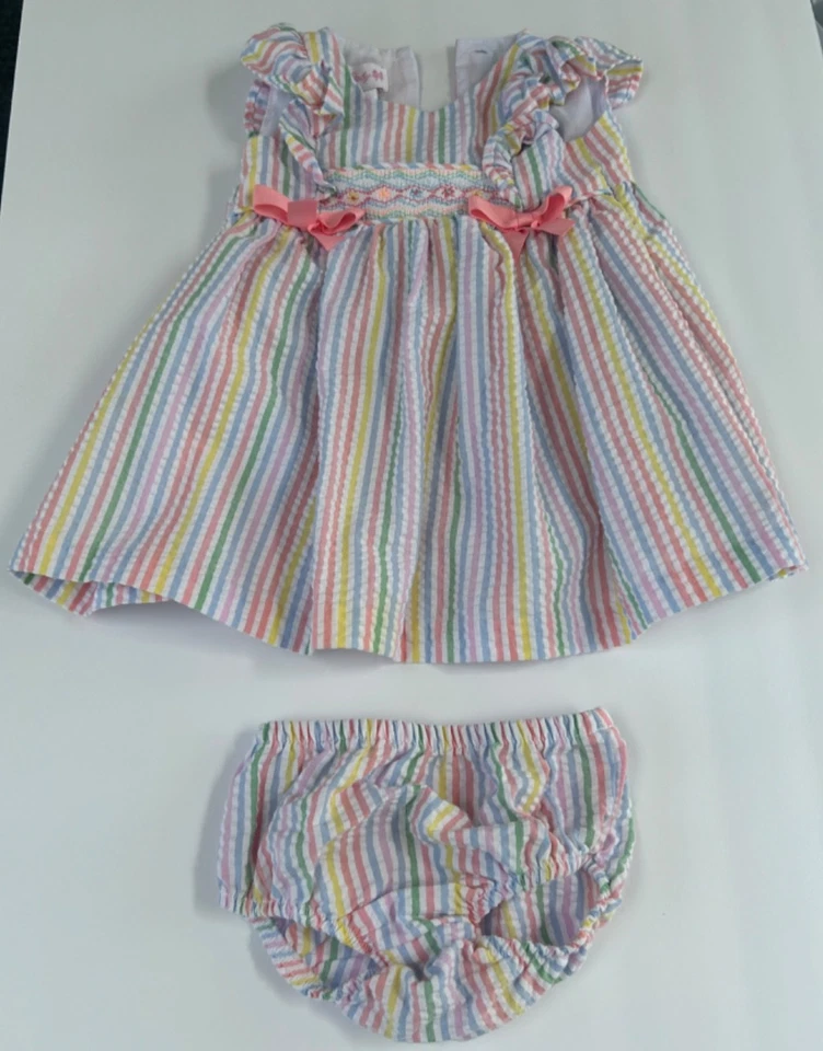 Bonnie Baby Girls’ 2-Piece Seersucker Smocked Pastel Stripe Dress & Bloomer Set - Image 1 of 4