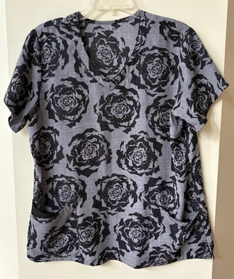 Cherokee Gray with Black Roses Women's Scrub Top  L - Image 1 of 2