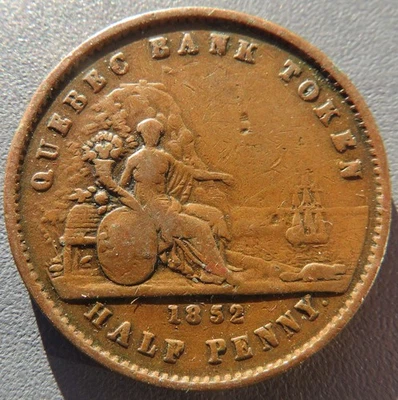 1852 Canada Quebec Bank Token Half Penny Un Sou with free shipping - Image 1 of 2