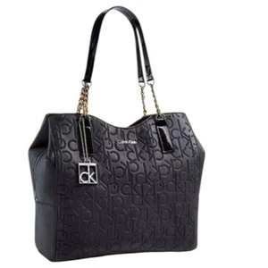 CALVIN KLEIN Black Tote Bag Triple Pocketed Zip Close Business Casual Leather - Picture 1 of 9