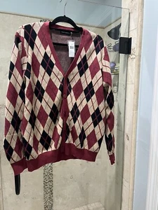 Paul Fredrick Cardigan Sweater Men's L Button Up V-Neck Red Tan Geometric Nwt - Picture 1 of 6