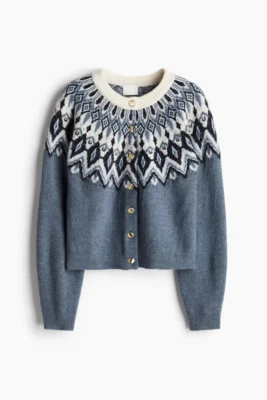 BNWT: Jacquard-knit cardigan from H&M: Colour: Dusty blue/Patterned: Size: XL - Image 1 of 4
