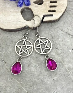 Pair Pentagram Pentacle Star Bright Hot Pink Teardrop Earrings Pagan Goth Wicca - Picture 1 of 10