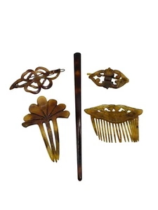 5 antike Art Deco Jugendstil Zelluloid Haarkämme Kunstschildkröte viktorianisch LESEN - Bild 1 von 24
