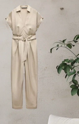 NWTZARA SIZE MEDIUM LINEN BLEND BELTED LONG JUMPSUIT WITH SHORT SLEEVES - Image 1 of 4