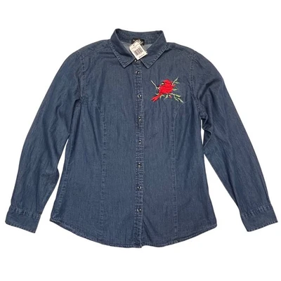 Camisa Trilogy Denim Roja Pájaro Cardenal Bordada Manga Larga Con Botones Talla M Foto 1 de 4