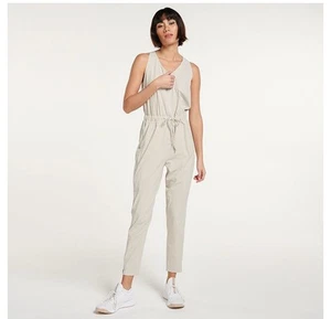 FLX Sleeveless Woven Jumpsuit Sand Beige NWT Size Large Lightweight Tapered Leg - Picture 1 of 9