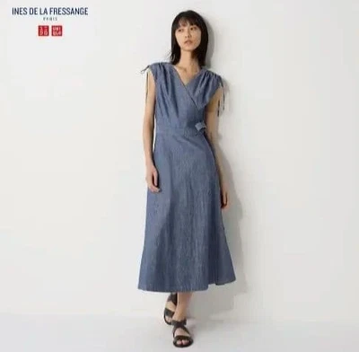 Uniqlo Ines Wrap Dress Denim Shoulder Ribbon XS - image 1 of 4