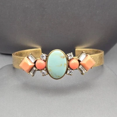 J Crew Antique Gold Tone Cuff Bracelet Faux Coral & Turquoise Stones Rhinestones - Image 1 of 4