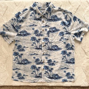 Camicia Haband uomo XL bianca blu palma tropicale stampa all over hawaiana leggera - Foto 1 di 16
