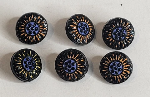 Antique Black Glass and Enamel Button Sunflower Set of Six Cover